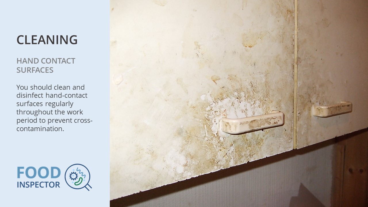 Cleaning and disinfecting dirty hand contact surfaces